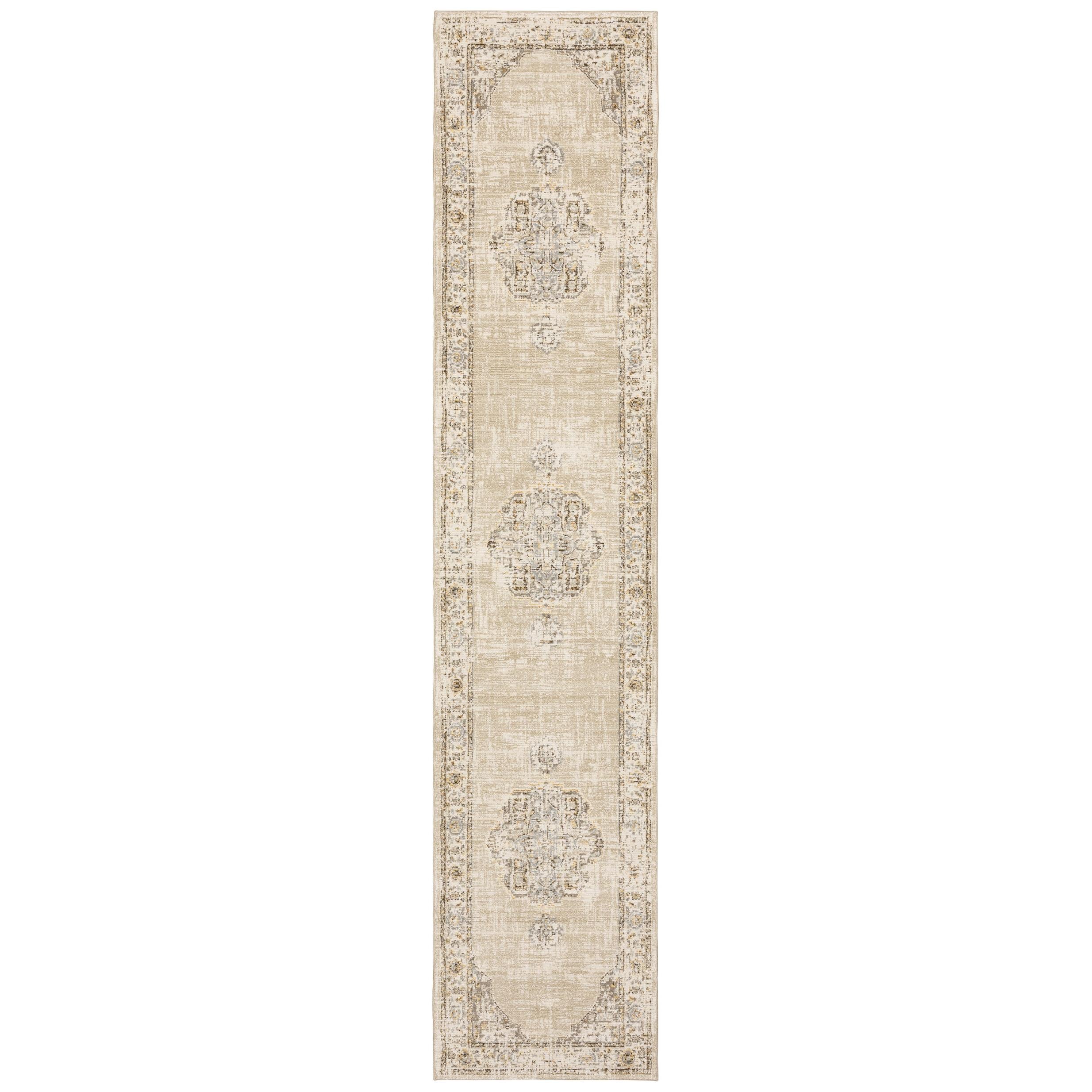 3'x12' Beige and Ivory Center Jewel Runner Rug