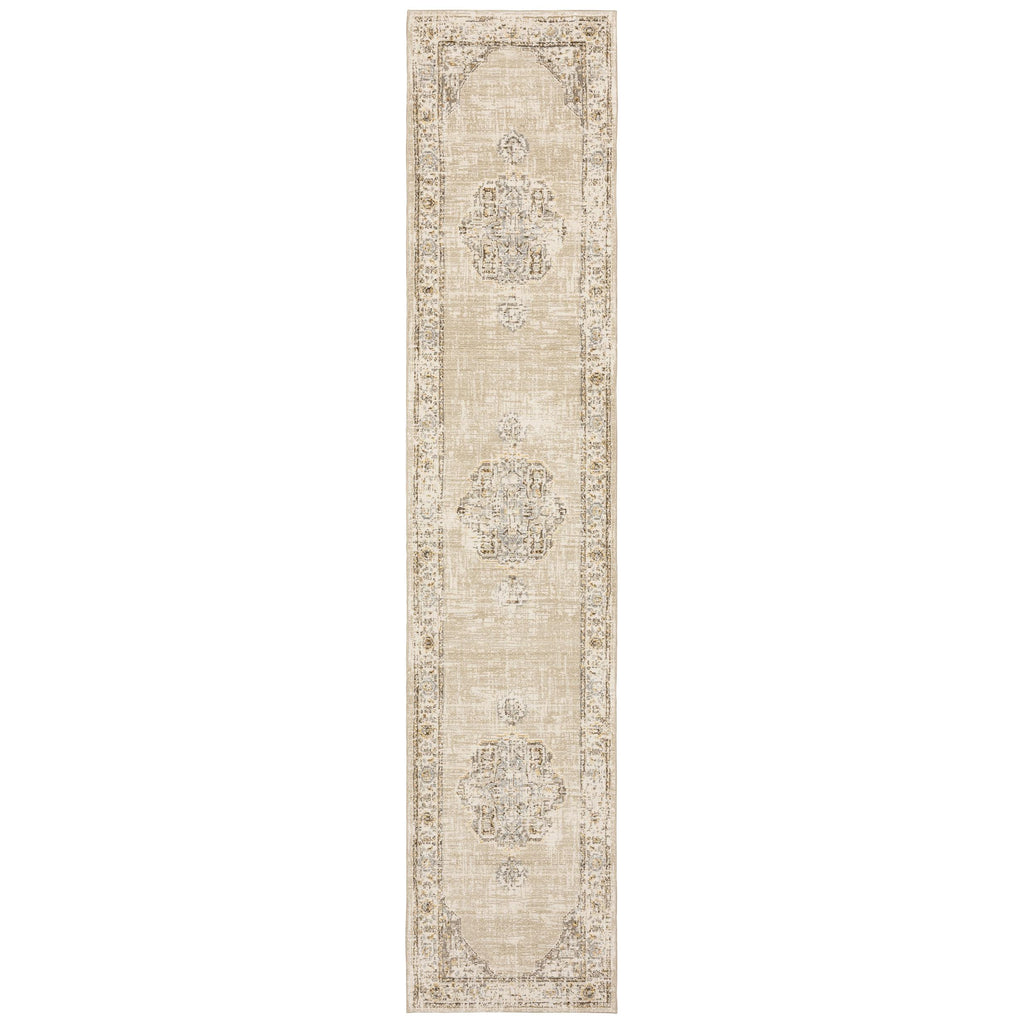 3'x12' Beige and Ivory Center Jewel Runner Rug - 99fab 