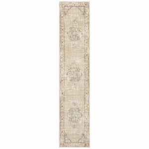 3'x12' Beige and Ivory Center Jewel Runner Rug