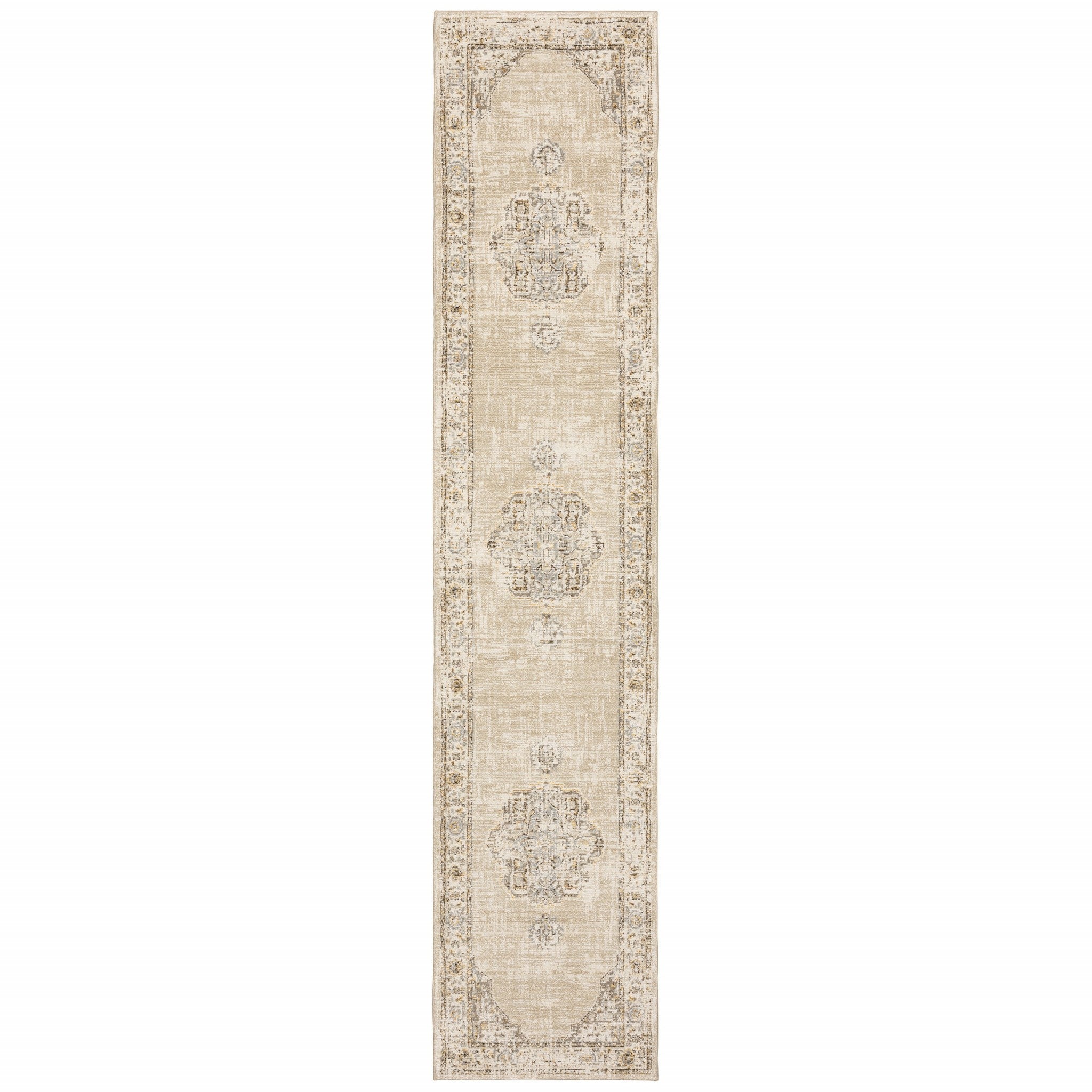 3'x12' Beige and Ivory Center Jewel Runner Rug