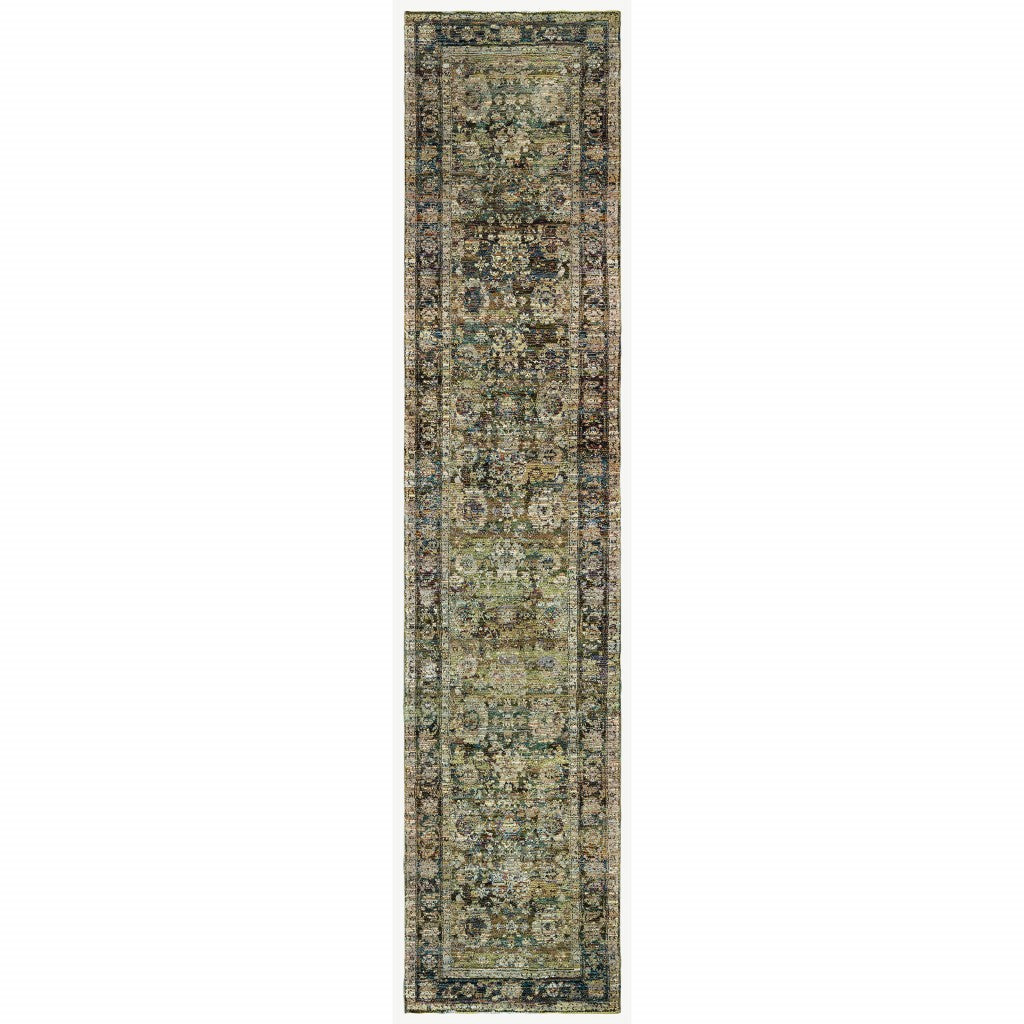 3'X12' Green And Brown Floral Runner Rug - 99fab 