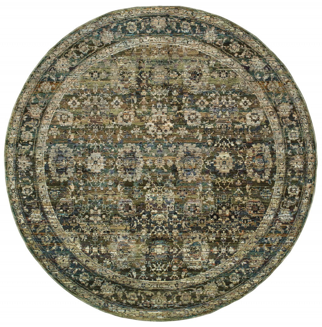 7' Round Green And Brown Floral Area Rug - 99fab 