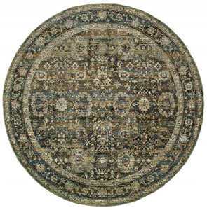 7' Round Green And Brown Floral Area Rug