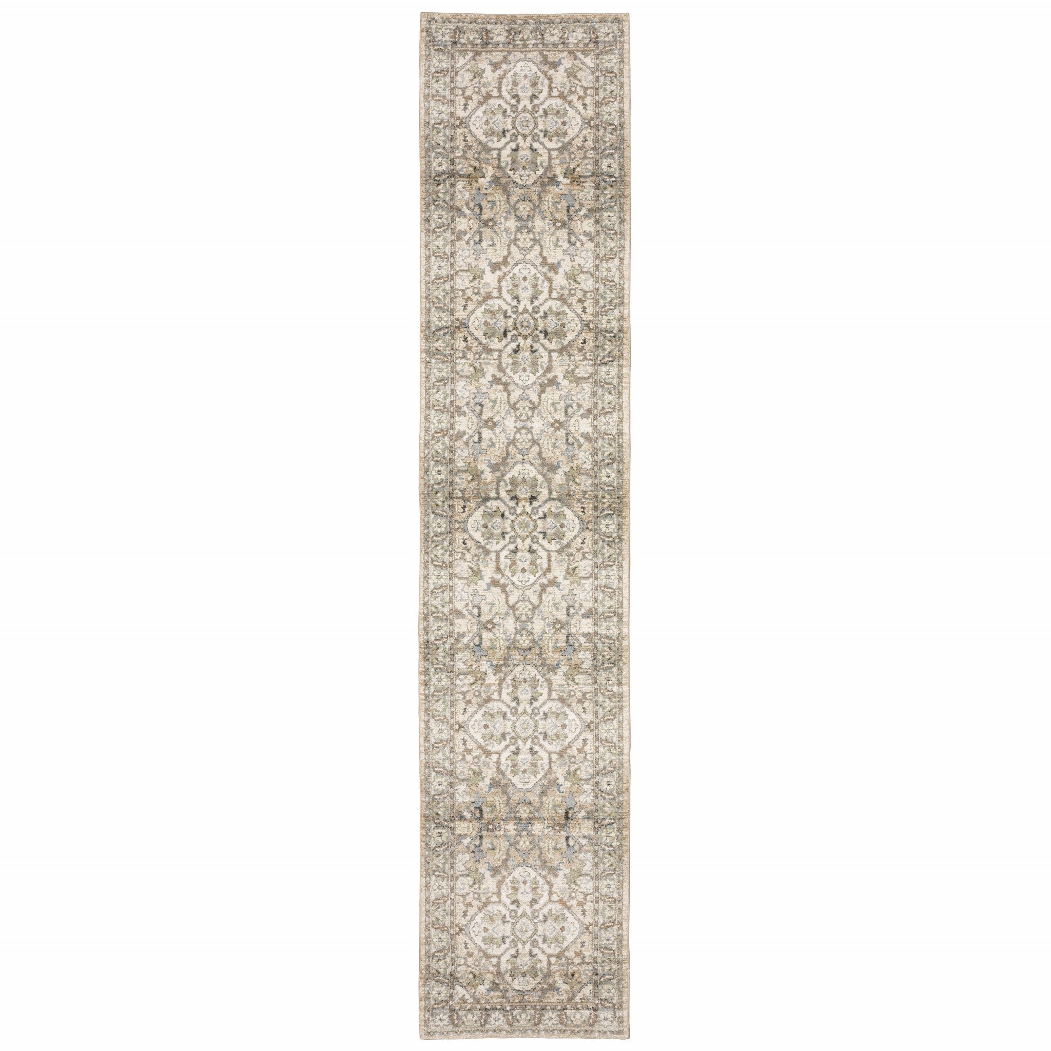 3'X12' Beige And Ivory Medallion Runner Rug