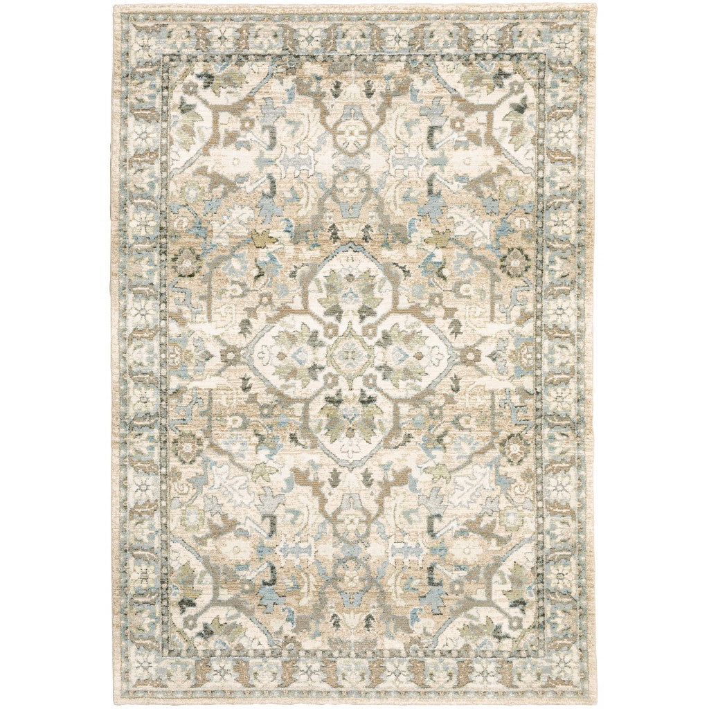 7'X9' Beige And Ivory Medallion Area Rug