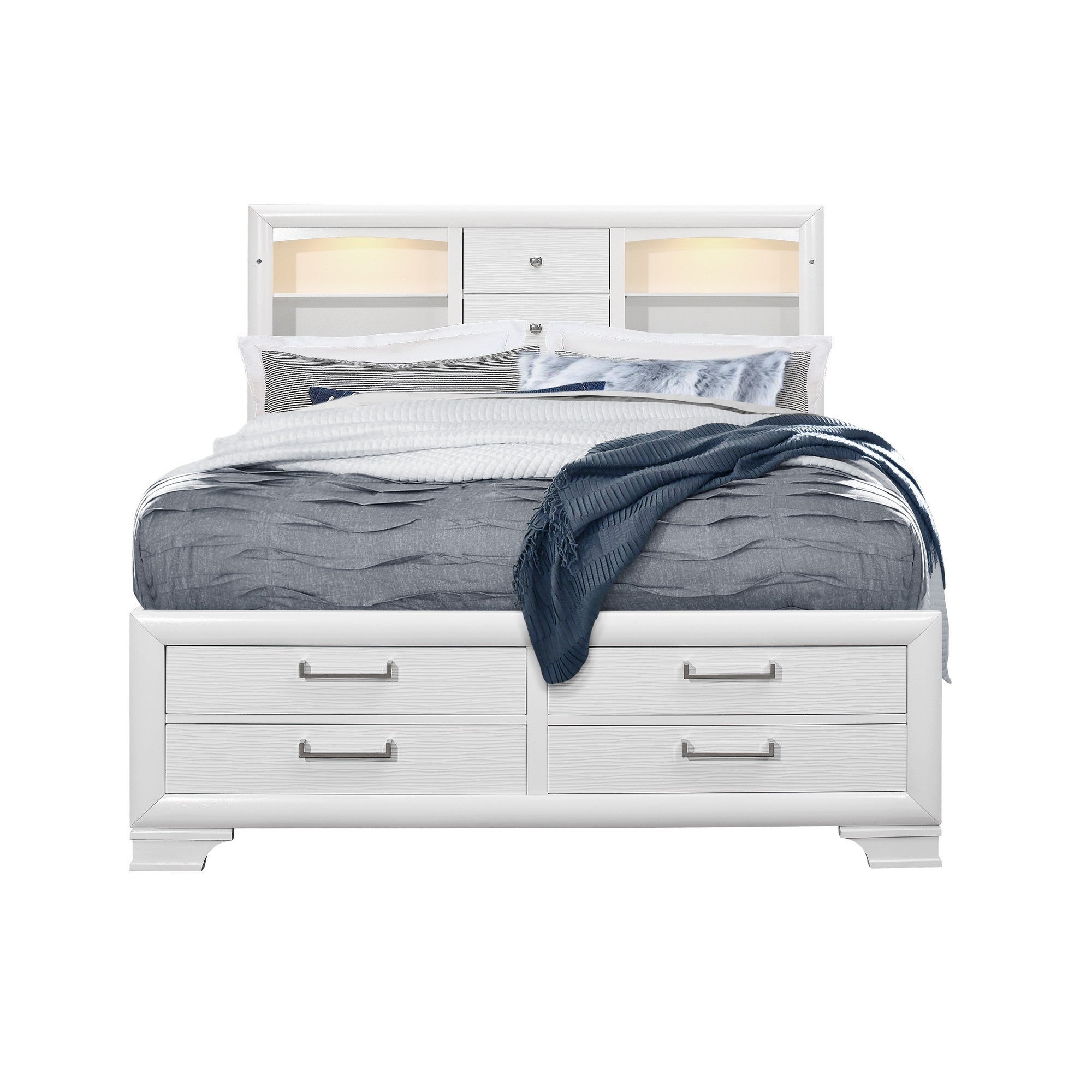 White Rubberwood Full Bed with bookshelves Headboard LED lightning 6 Drawers