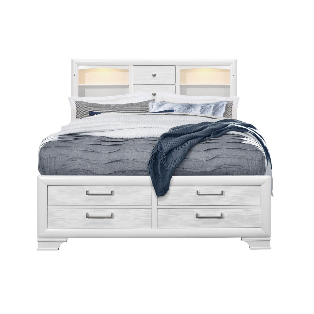 White Rubberwood King Bed with bookshelves Headboard LED lightning 6 Drawers - 99fab 