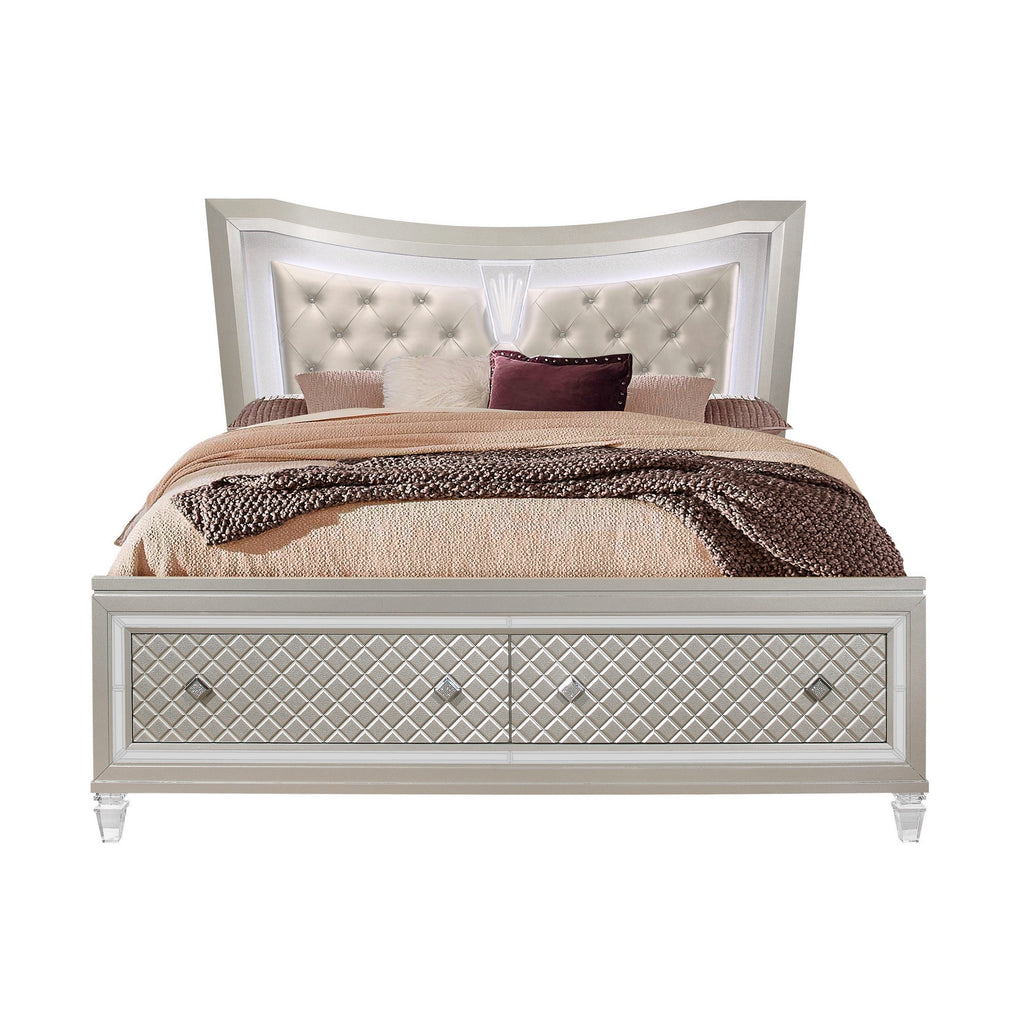 Champagne Tone Queen Bed With Padded Headboard  Led Lightning  2 Drawer - 99fab 