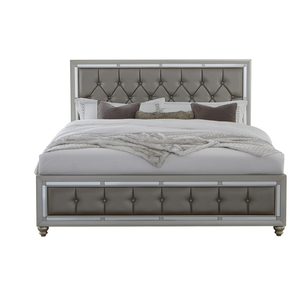 Silver Champagne Tone Queen Bed  Padded Headboard  Padded Footboard  Mirror Trim Accents - 99fab 