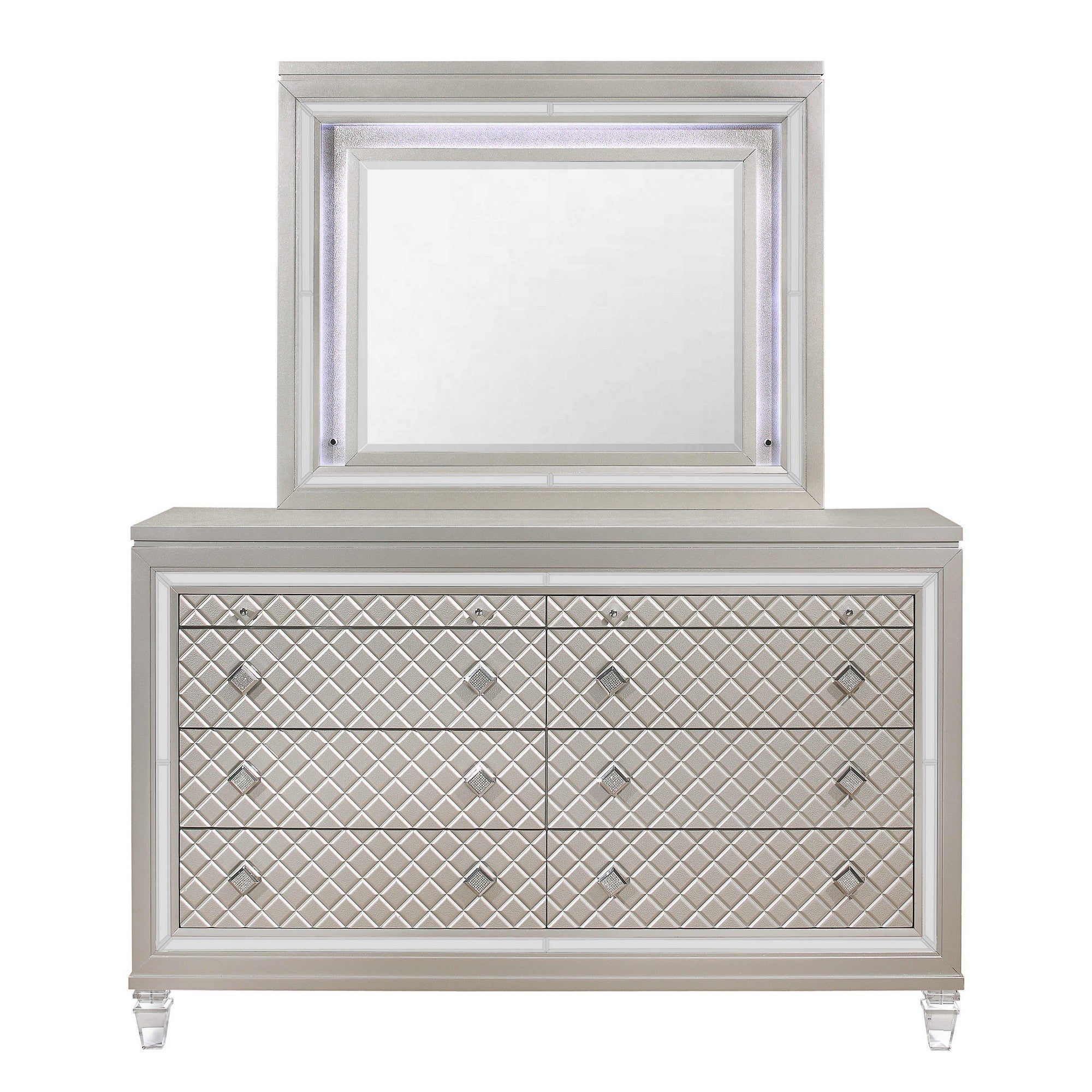 Champagne Toned Dresser With Tapered Acrylic Legs And 2 Jewelry Drawers