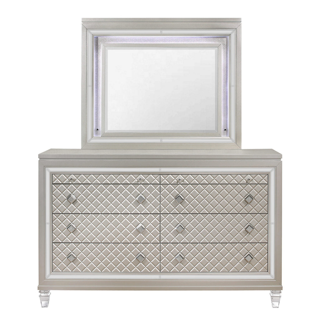 Champagne Toned Dresser With Tapered Acrylic Legs And 2 Jewelry Drawers - 99fab 