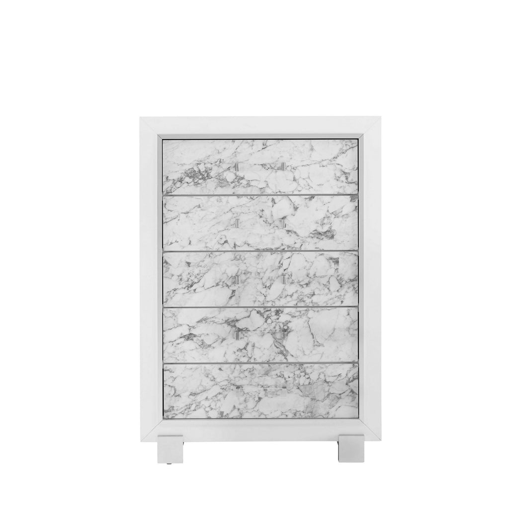 Modern White Chest With 5 Faux Marble Detailed Front Drawer. - 99fab 