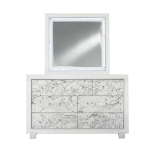 Modern White Dresser With 7 Faux Marble Detailed Front Drawer.