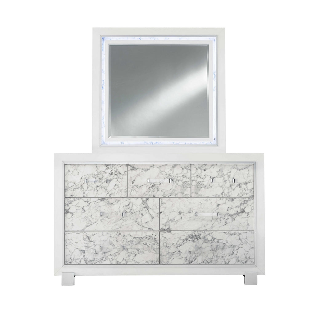 Modern White Mirror With Faux Marble Border Detail Led Lightning - 99fab 