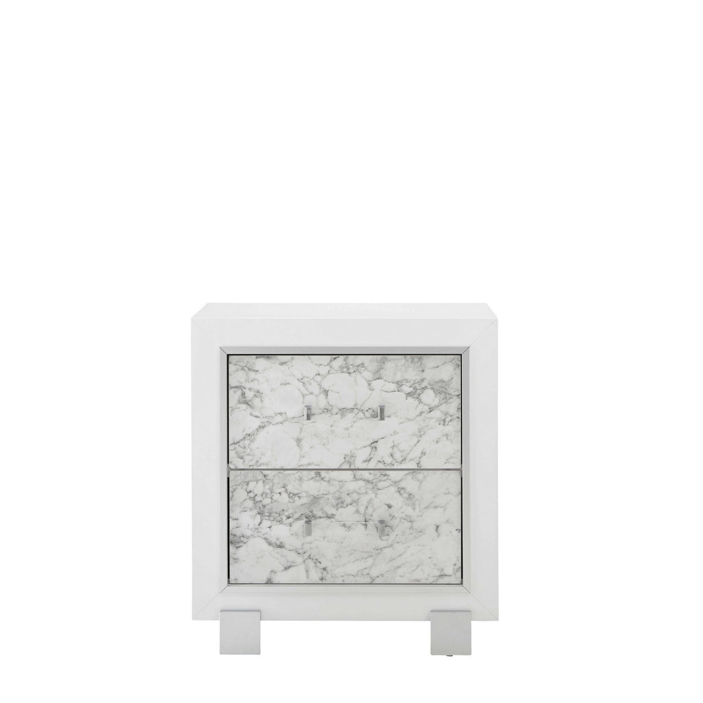 Modern White Nightstand with 2 Faux Marble Detailed Front Drawer. - 99fab 