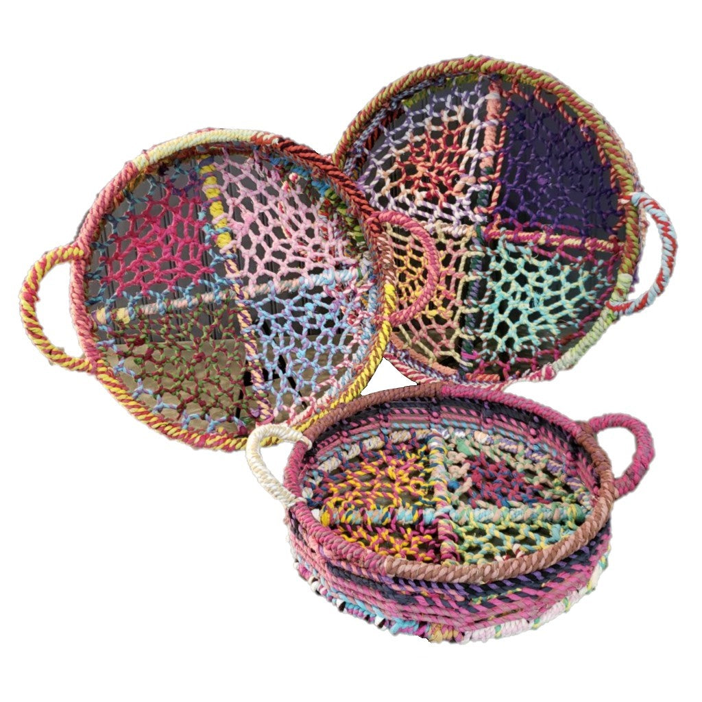 Handmade Set Of 3 Rainbow Round Nesting Jute Trays - 99fab 