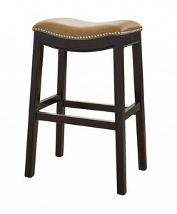 30" Espresso And Carmel Saddle Style Counter Height Bar Stool