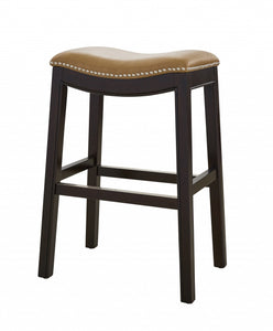 25" Espresso And Carmel Saddle Style Counter Height Bar Stool