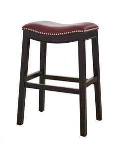 25" Espresso And Red Saddle Style Counter Height Bar Stool