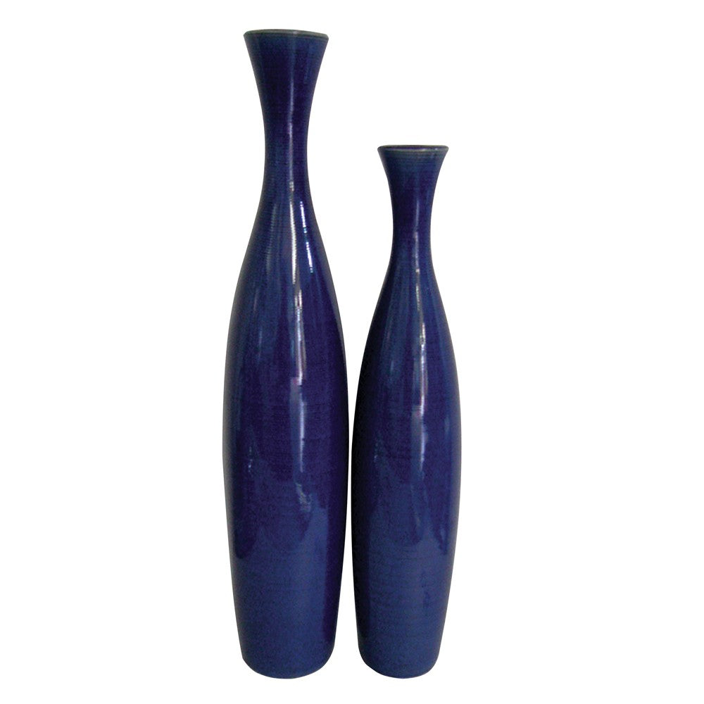 Set Of 2 Deep Indigo Blue Ceramic Tall Thin Vases - 99fab 