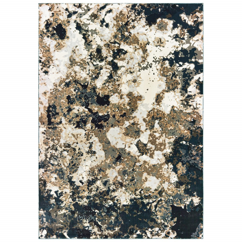 9' X 12' Ivory Navy Abstract Marble Indoor Area Rug