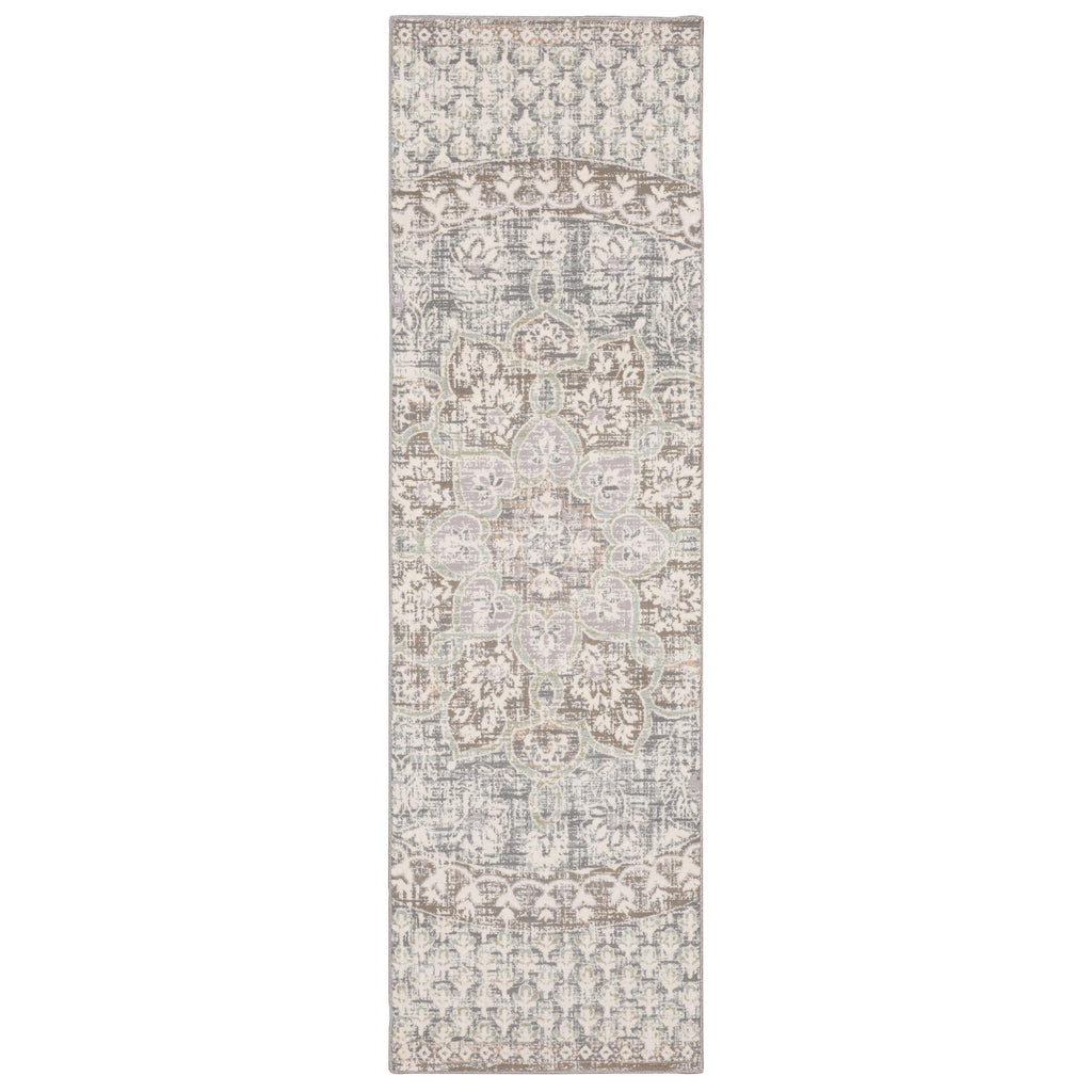 7' Ivory Grey Distressed Oversize Medallion Indoor Runner Rug - 99fab 