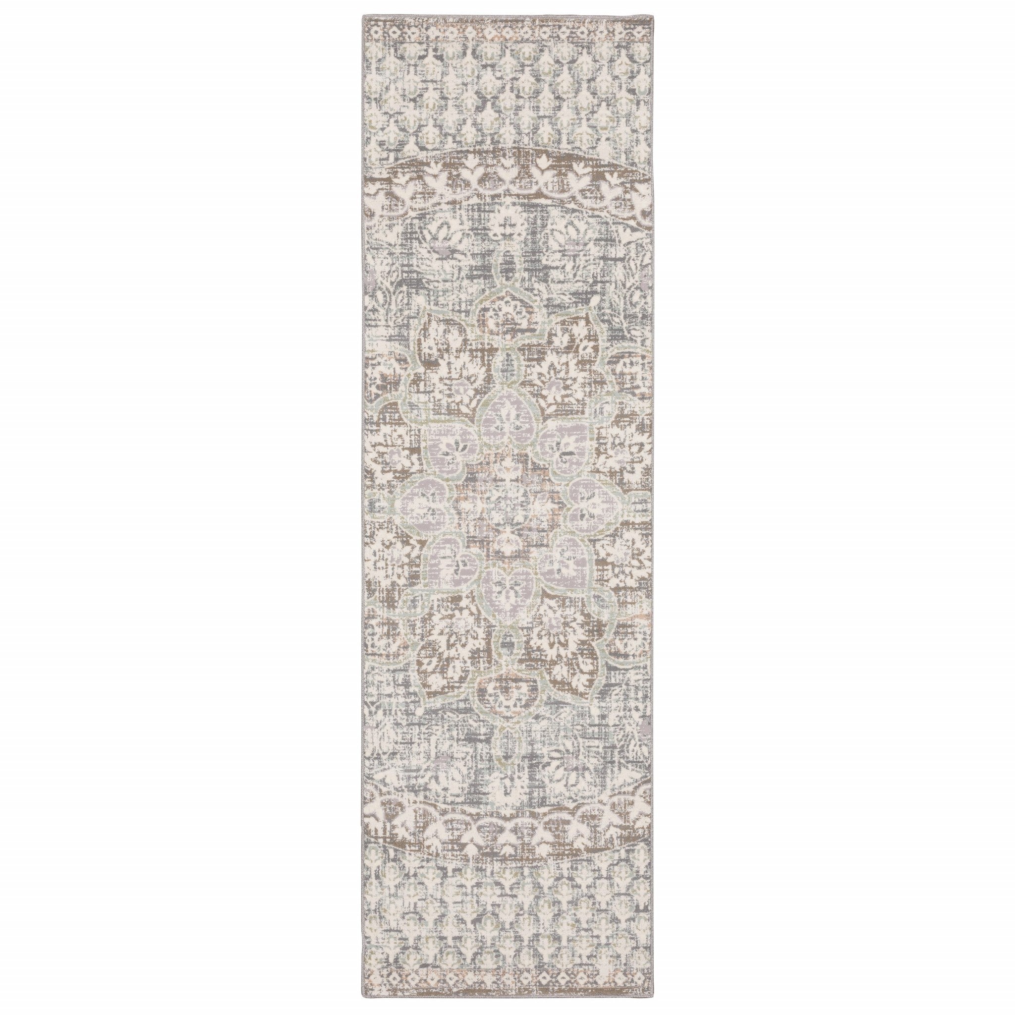 7' Ivory Grey Distressed Oversize Medallion Indoor Runner Rug