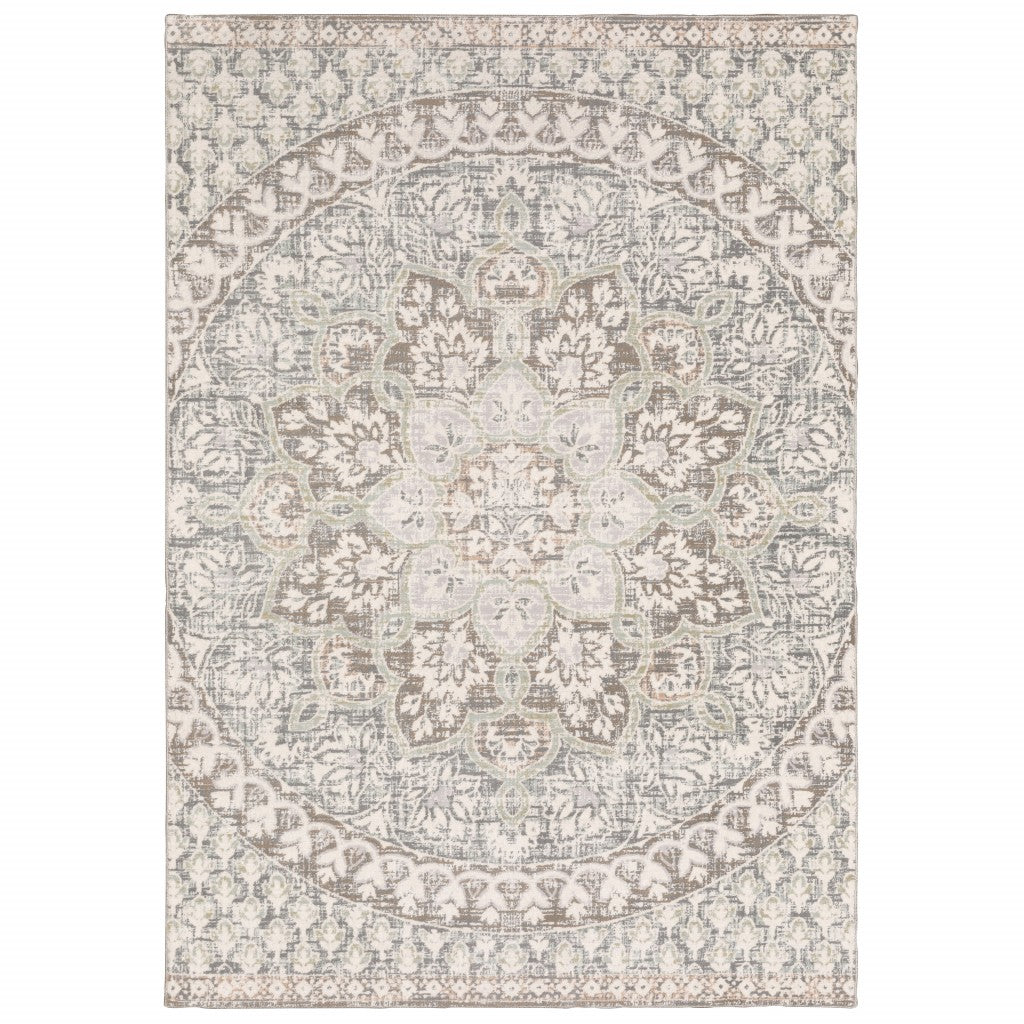 3' X 6' Ivory Grey Distresed Oversize Medallion Indoor Area Rug