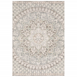 5' X 8' Ivory Grey Distresed Oversize Medallion Indoor Area Rug