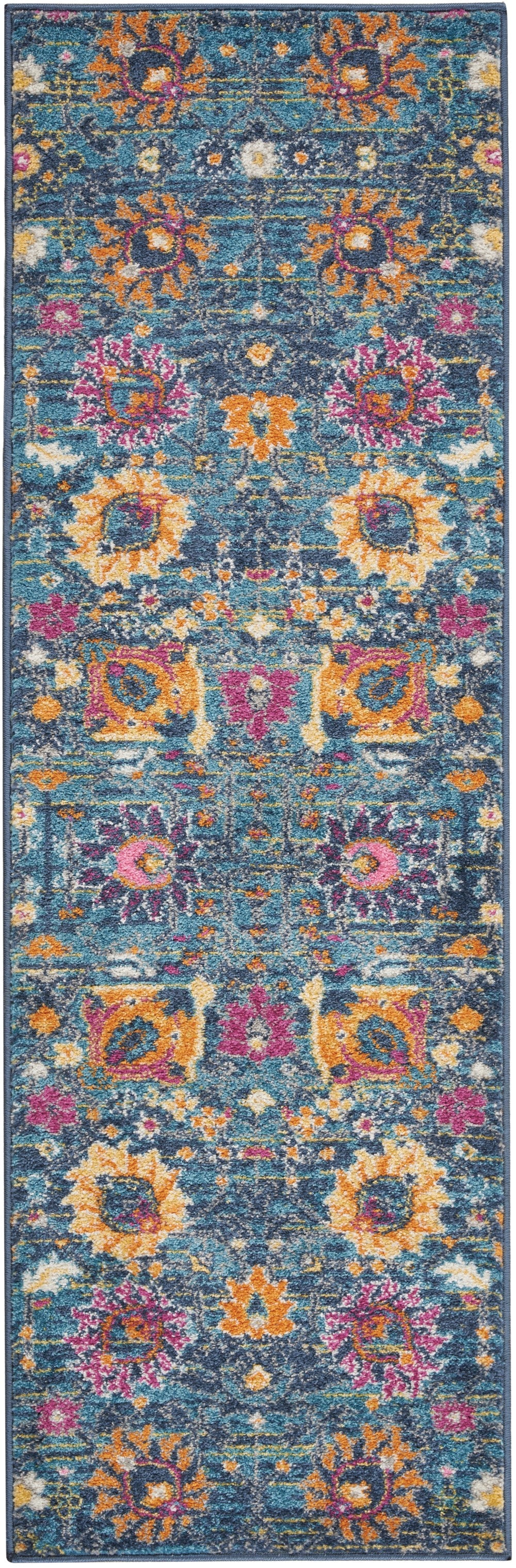 6' Blue And Orange Floral Power Loom Runner Rug - 99fab 