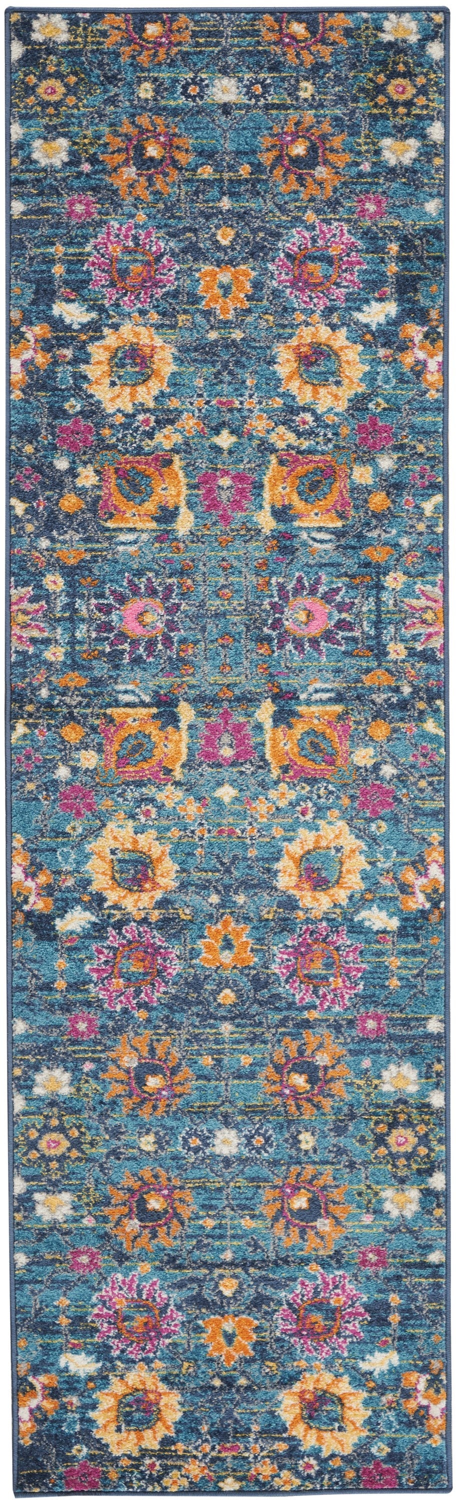 10' Blue And Orange Floral Power Loom Runner Rug - 99fab 