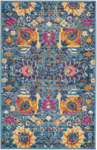 2' X 3' Blue And Orange Floral Power Loom Area Rug