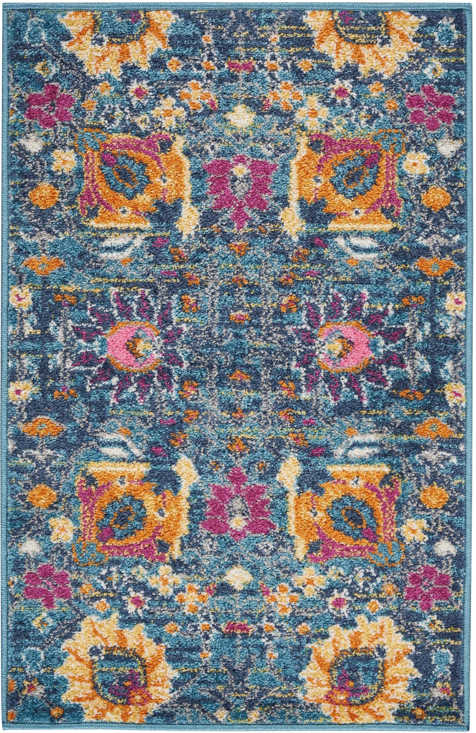 2' X 3' Blue And Orange Floral Power Loom Area Rug