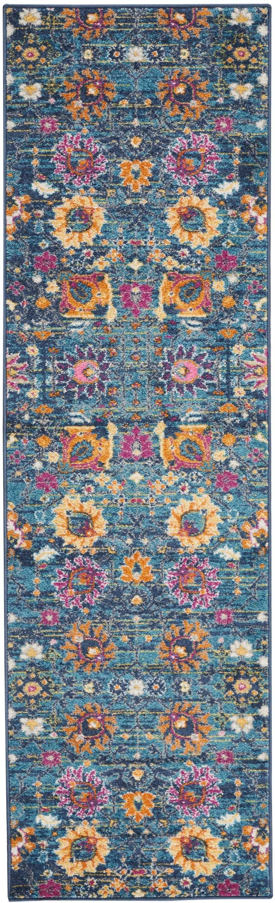 8' Blue And Orange Floral Power Loom Runner Rug - 99fab 