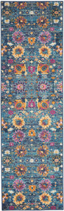 8' Blue And Orange Floral Power Loom Runner Rug