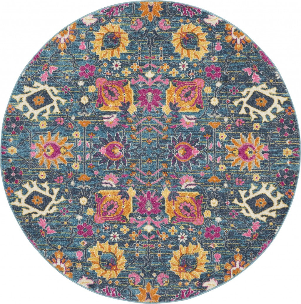 4' Blue And Orange Round Floral Power Loom Area Rug - 99fab 