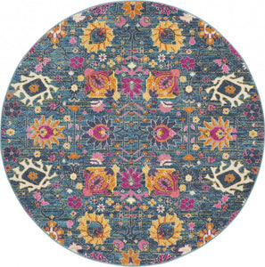 4' Blue And Orange Round Floral Power Loom Area Rug