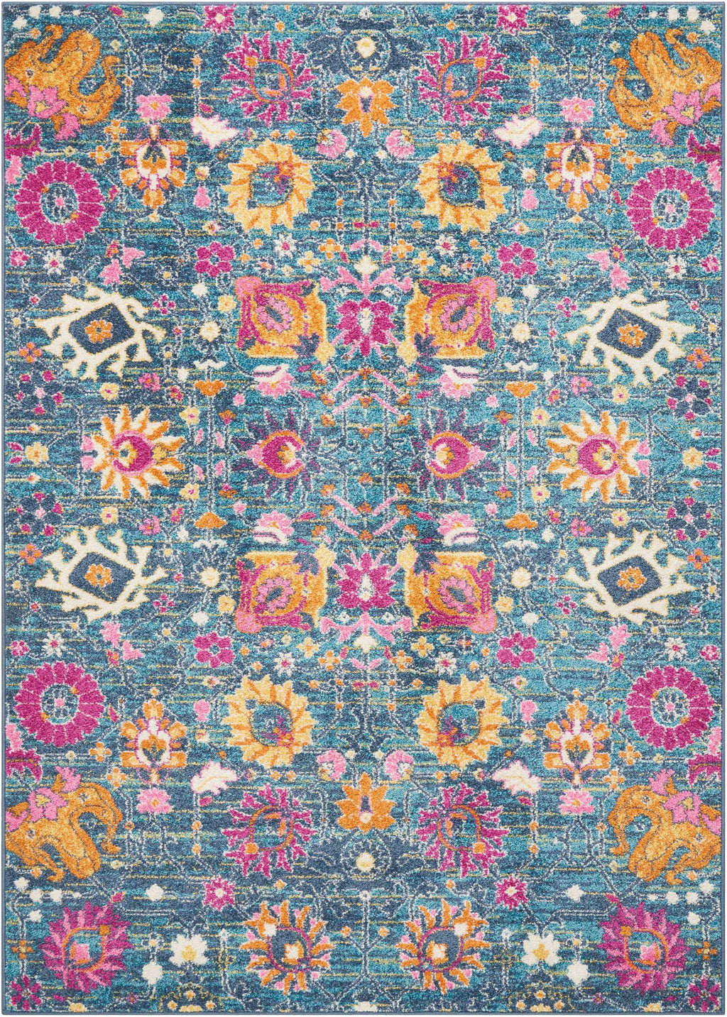 7' X 10' Blue And Orange Floral Power Loom Area Rug - 99fab 