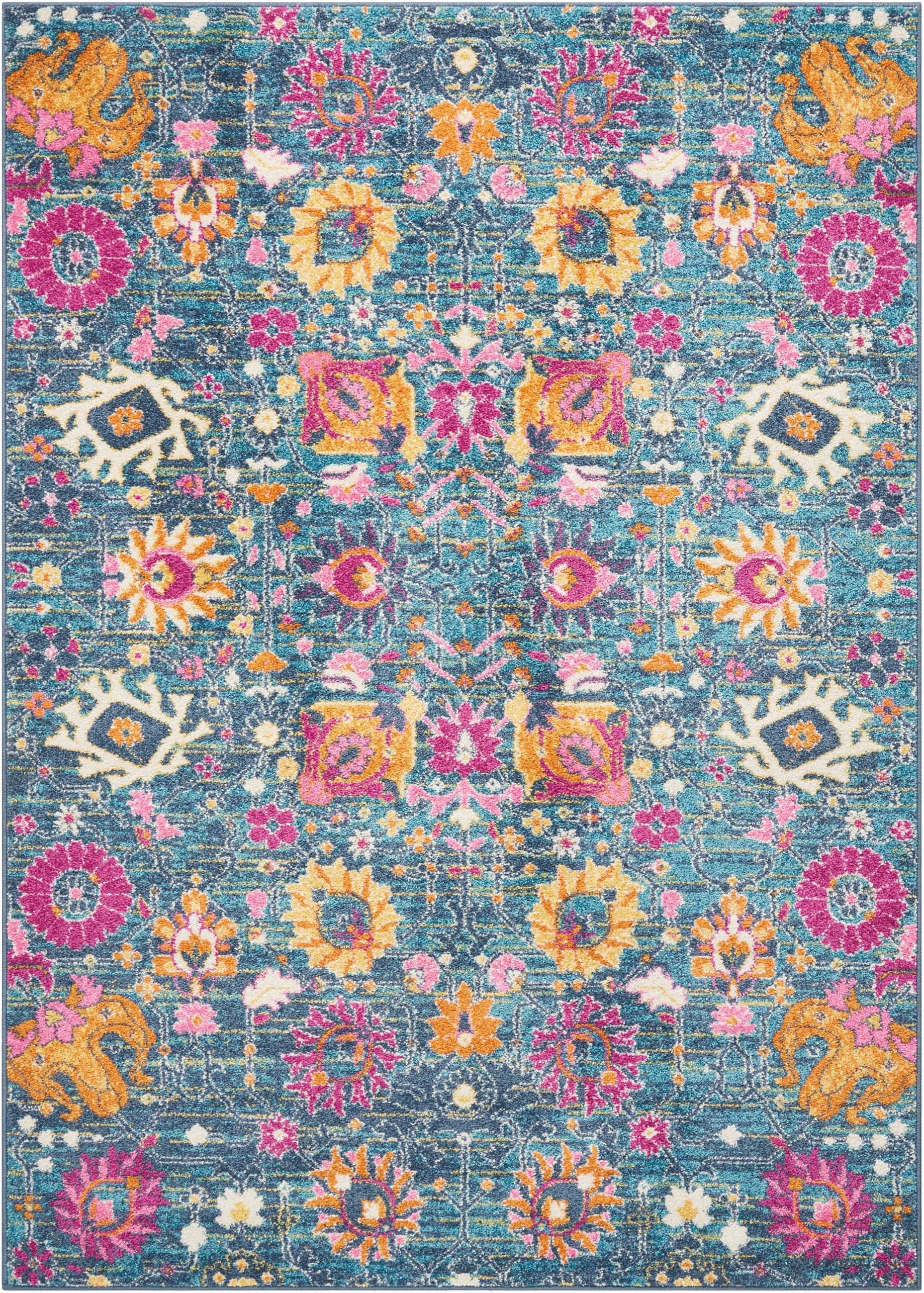 7' X 10' Blue And Orange Floral Power Loom Area Rug