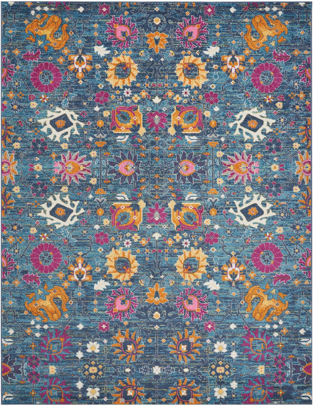 8' X 10' Blue And Orange Floral Power Loom Area Rug - 99fab 