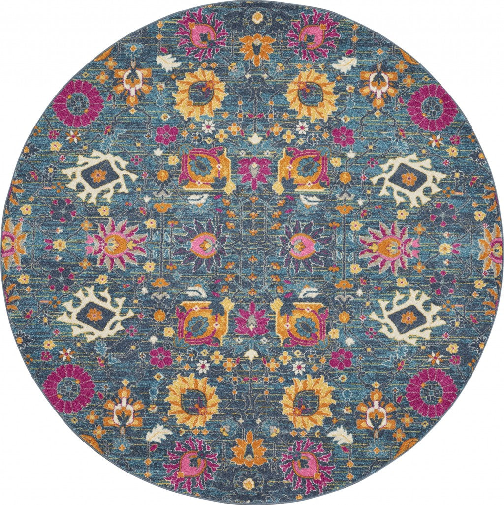 8' Blue And Orange Round Floral Power Loom Area Rug - 99fab 