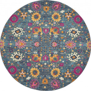 8' Blue And Orange Round Floral Power Loom Area Rug