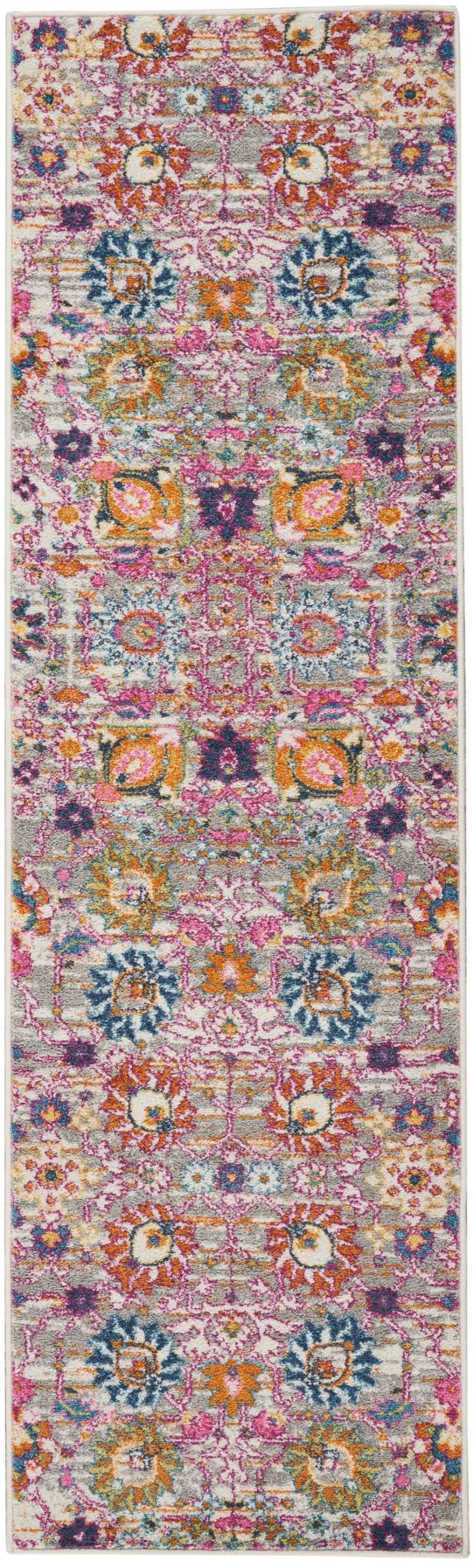 8' Silver Floral Power Loom Runner Rug - 99fab 