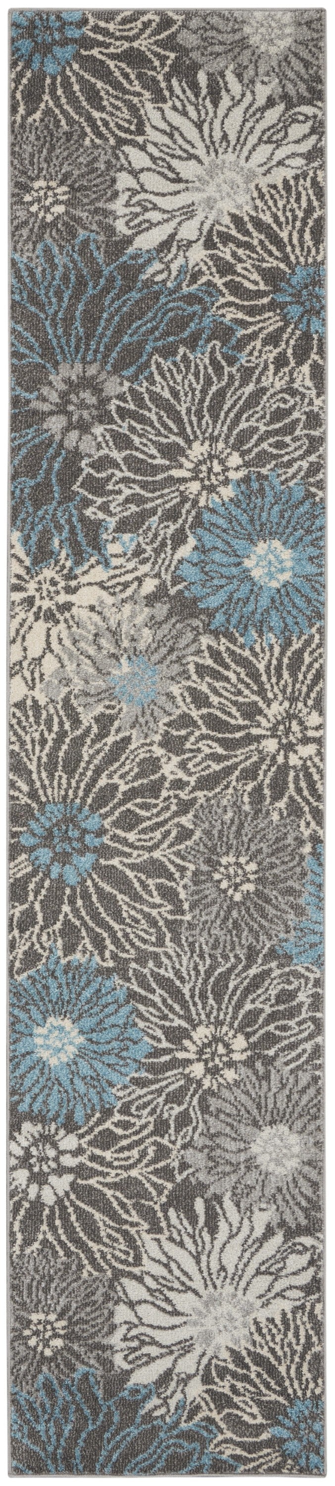 10' Blue And Gray Floral Power Loom Runner Rug - 99fab 