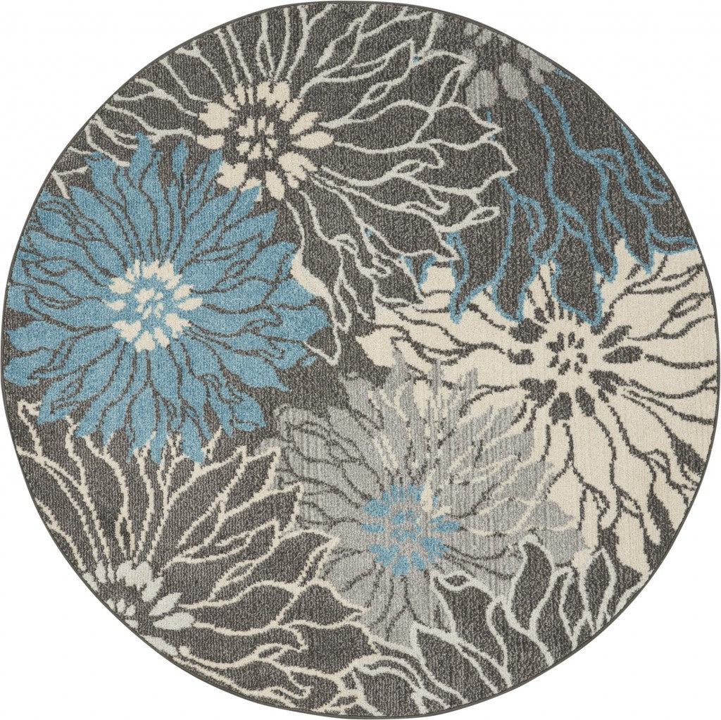 4' Blue And Gray Round Floral Power Loom Area Rug - 99fab 