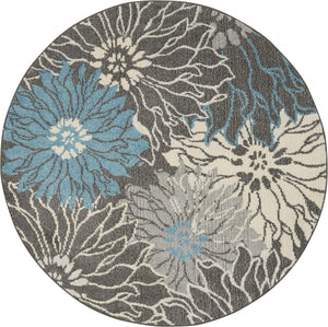 4' Blue And Gray Round Floral Power Loom Area Rug