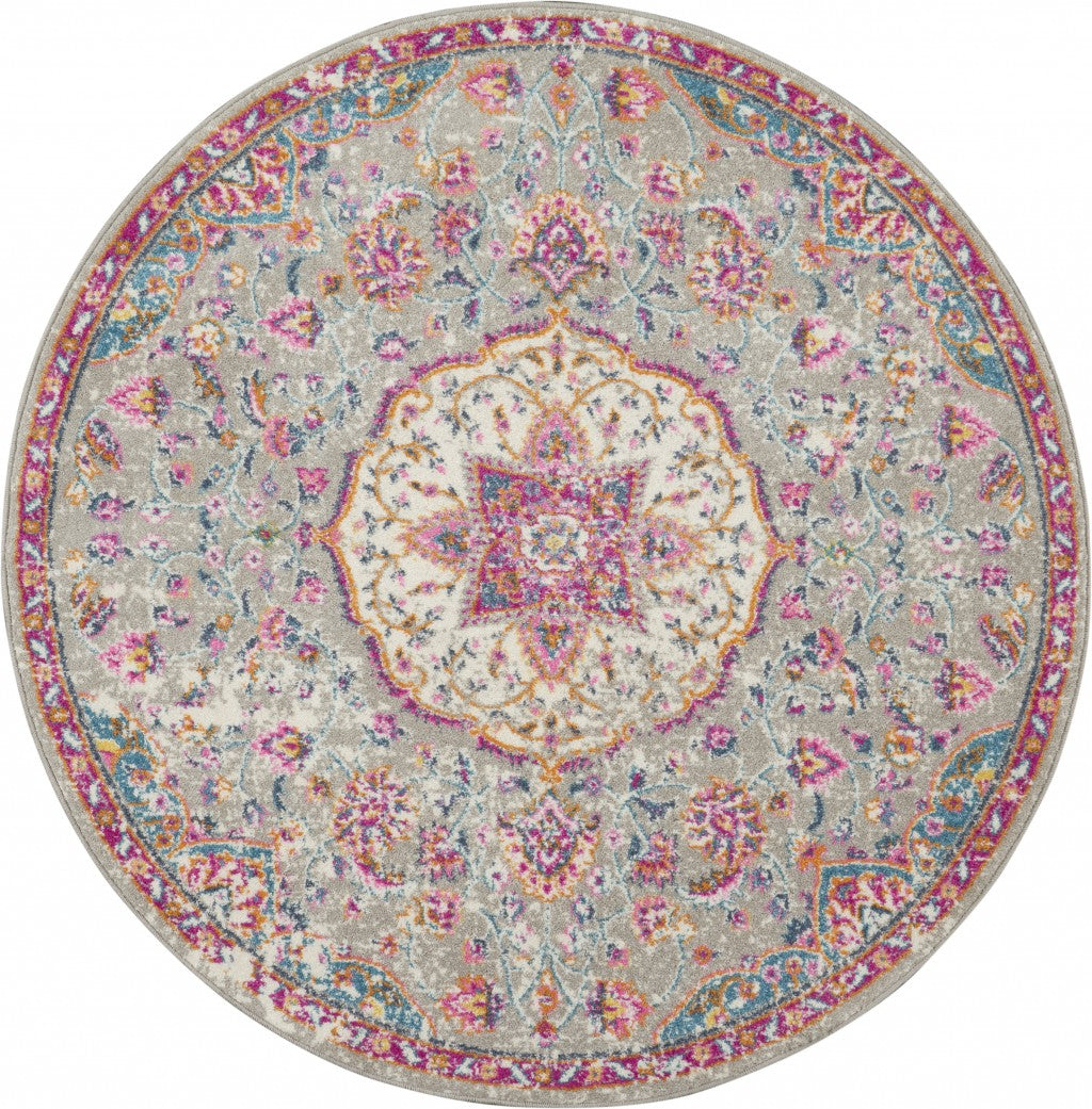 4' Pink And Gray Round Power Loom Area Rug