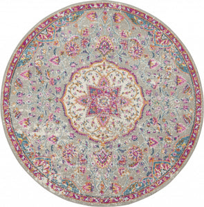 4' Pink And Gray Round Power Loom Area Rug