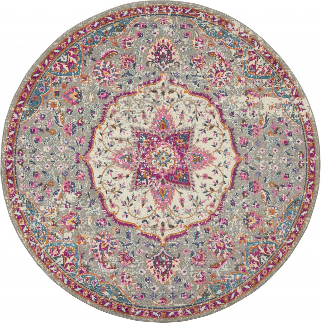 8' Pink And Gray Round Power Loom Area Rug - 99fab 