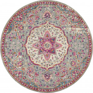 8' Pink And Gray Round Power Loom Area Rug